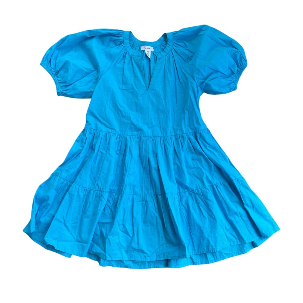 Japna Blue Poplin Puff Sleeve V Neck Mini Dress XS Cotton